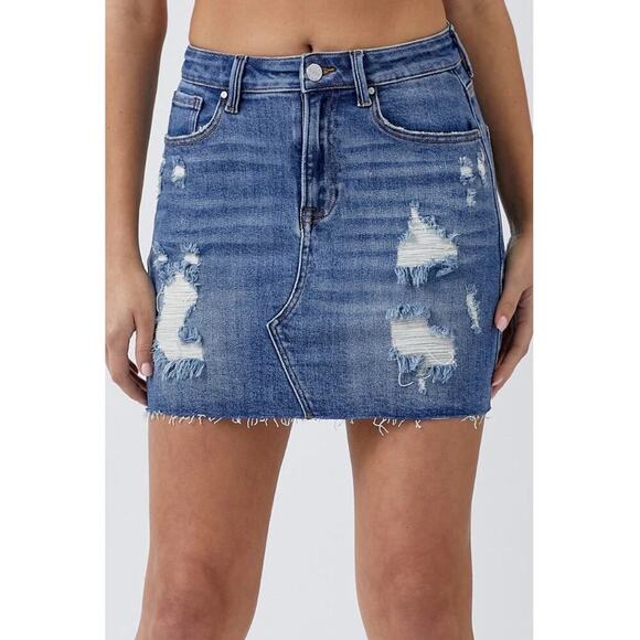 Risen Women’s M Medium Wash Distressed Stretch Y2K Frayed Denim Mini Skirt - Picture 10 of 11